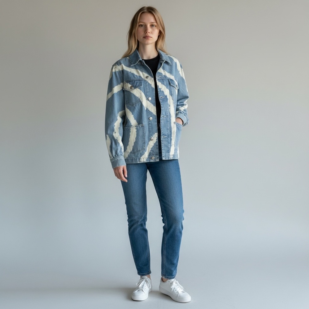 Ganni Blue and White Jean Jacket with Artistic Design